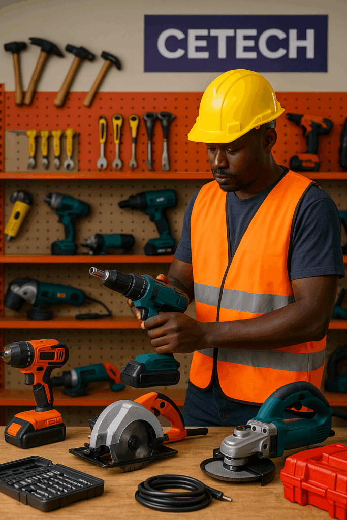 a man wearing a helmet and holding a drill standing in front of a table with hardware tools like angle grinders and circular saws. Behind him is a shelf full of more hardware tools